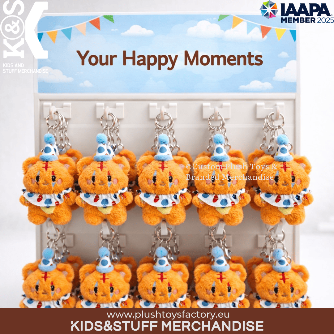 Custom Mini Birthday Bear plush toy on a retail display