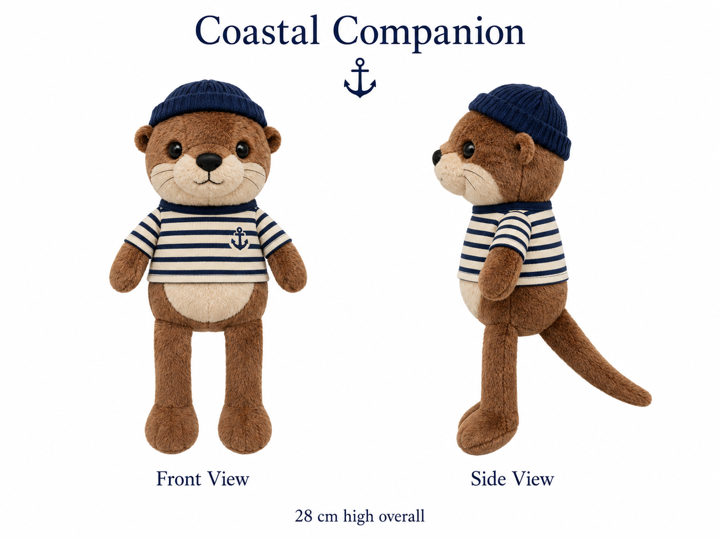 Cruise & Maritime plush toys, Plush teddy bear in a navy striped sailor shirt and beanie, shown from front and side (28 cm tall).
